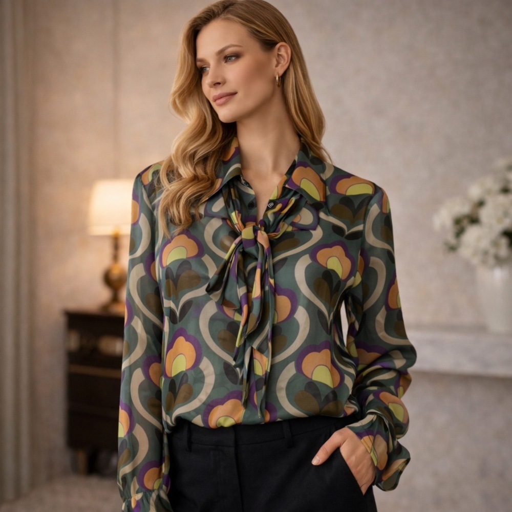 COUT DE LA LIBERTE 100% SILK Isaac Bell Sleeve Button Top‎ Print M338751 Size XS